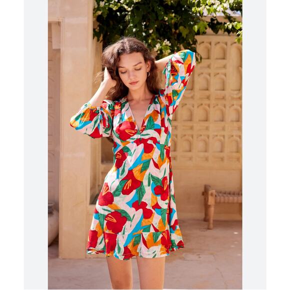 YIREH Tropicana design in the Asteria style long sleeve hi low hem dress 2XL NWT - Picture 1 of 10